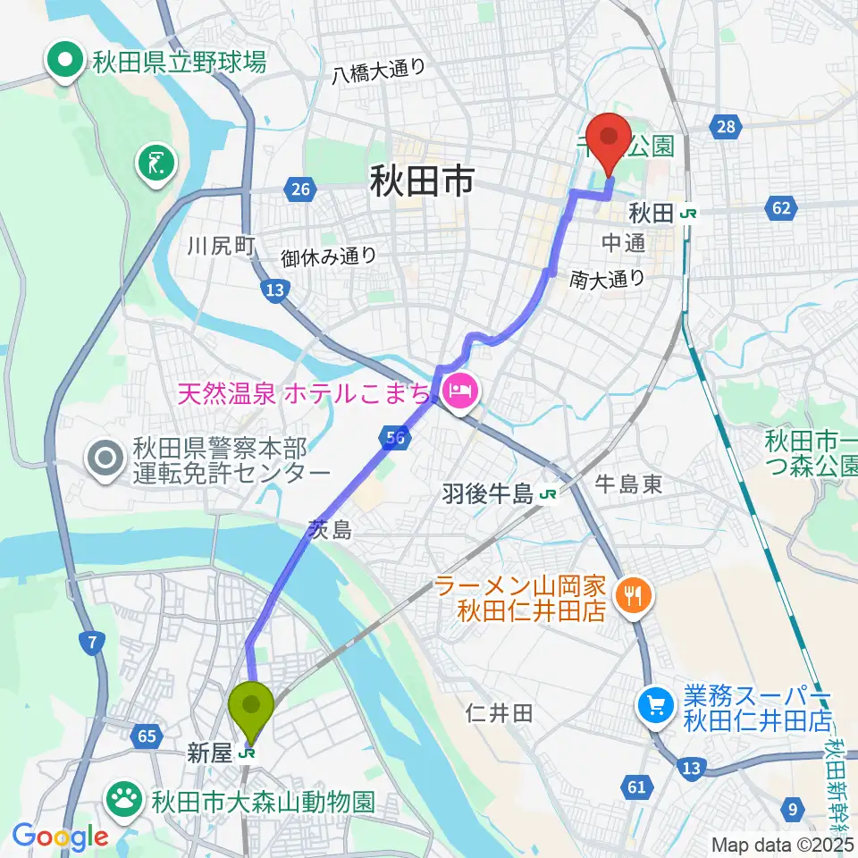 新屋駅からあきた芸術劇場ミルハスへのルートマップ地図