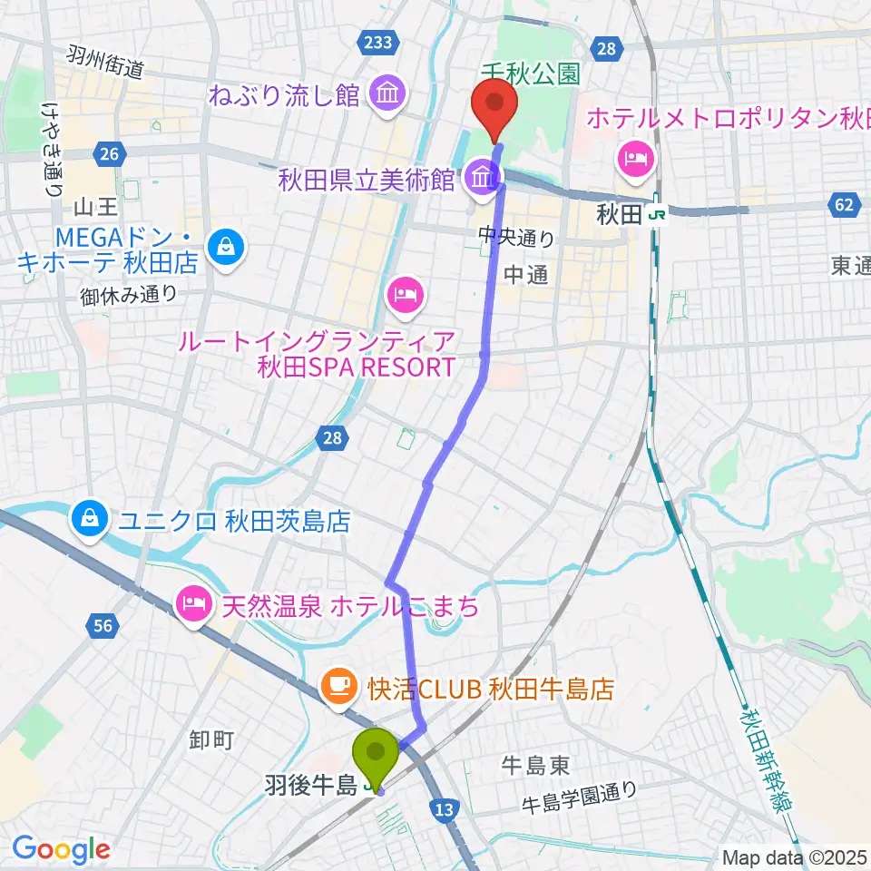 羽後牛島駅からあきた芸術劇場ミルハスへのルートマップ地図