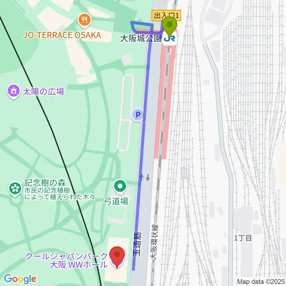 クールジャパンパーク大阪の最寄駅大阪城公園駅からの徒歩ルート（約6分）地図