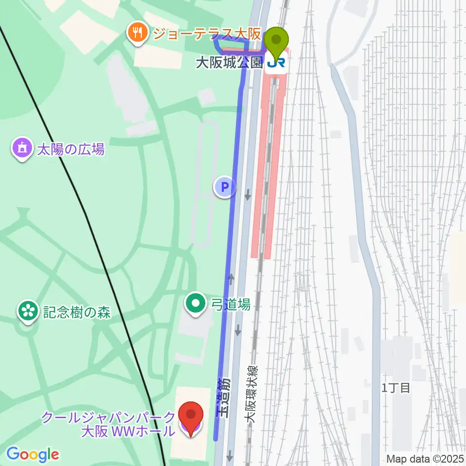クールジャパンパーク大阪の最寄駅大阪城公園駅からの徒歩ルート（約6分）地図