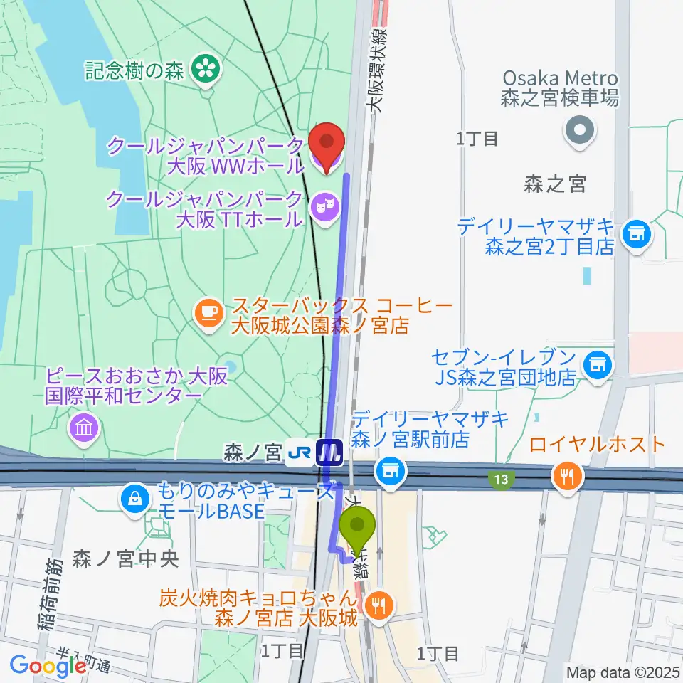 森ノ宮駅からクールジャパンパーク大阪へのルートマップ地図