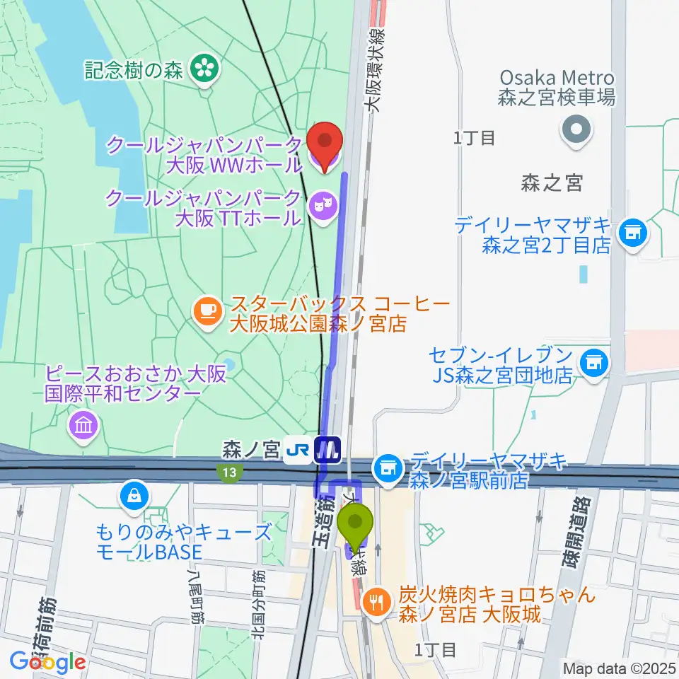 森ノ宮駅からクールジャパンパーク大阪へのルートマップ地図