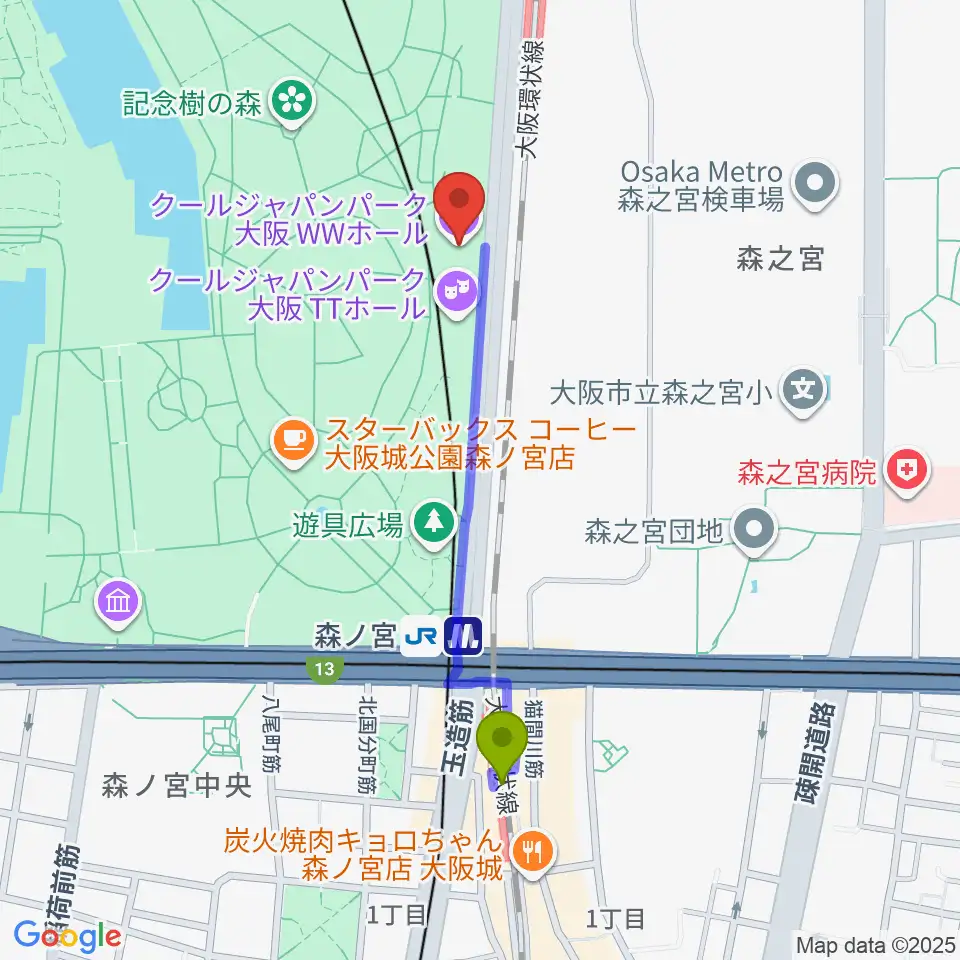 森ノ宮駅からクールジャパンパーク大阪へのルートマップ地図