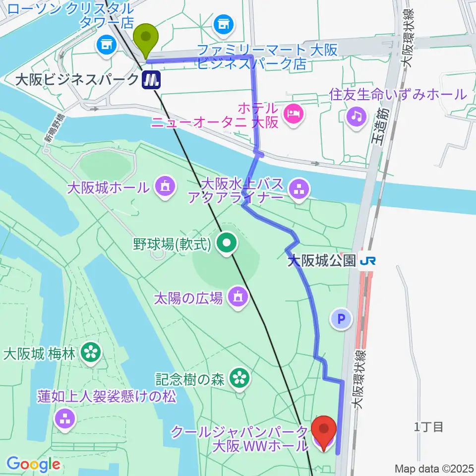 大阪ビジネスパーク駅からクールジャパンパーク大阪へのルートマップ地図