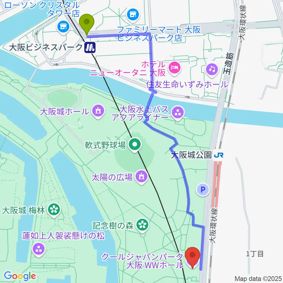 大阪ビジネスパーク駅からクールジャパンパーク大阪へのルートマップ地図