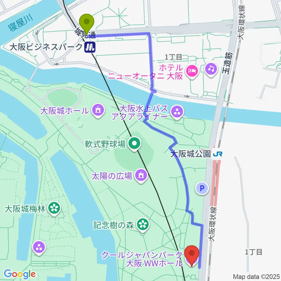 大阪ビジネスパーク駅からクールジャパンパーク大阪へのルートマップ地図