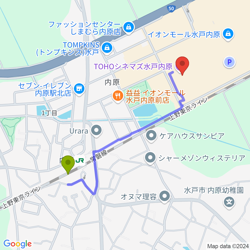 Tohoシネマズ水戸内原の最寄駅内原駅からの徒歩ルート 約9分 Mdata