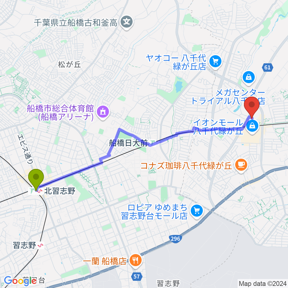 北習志野駅からtohoシネマズ八千代緑が丘へのルートマップ Mdata