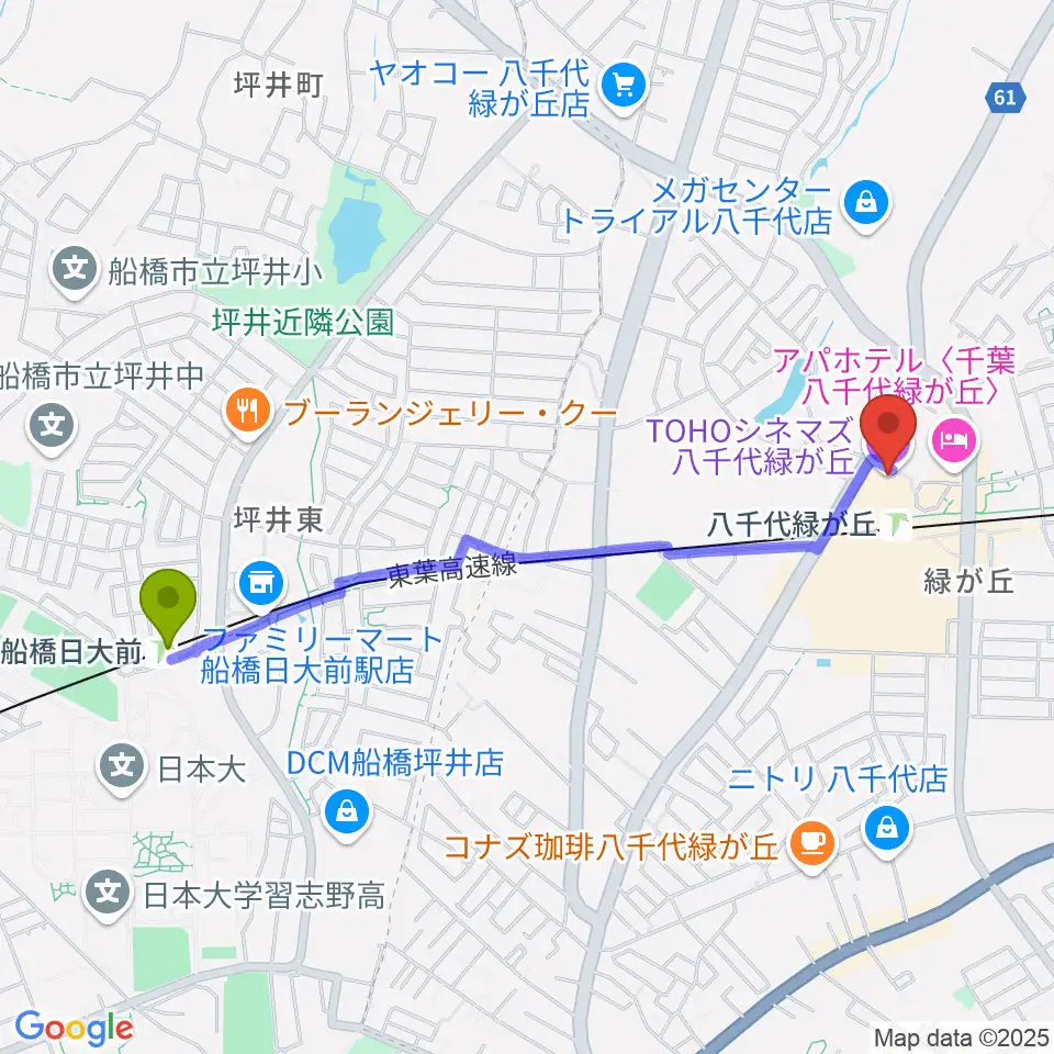 船橋日大前駅からTOHOシネマズ八千代緑が丘へのルートマップ地図