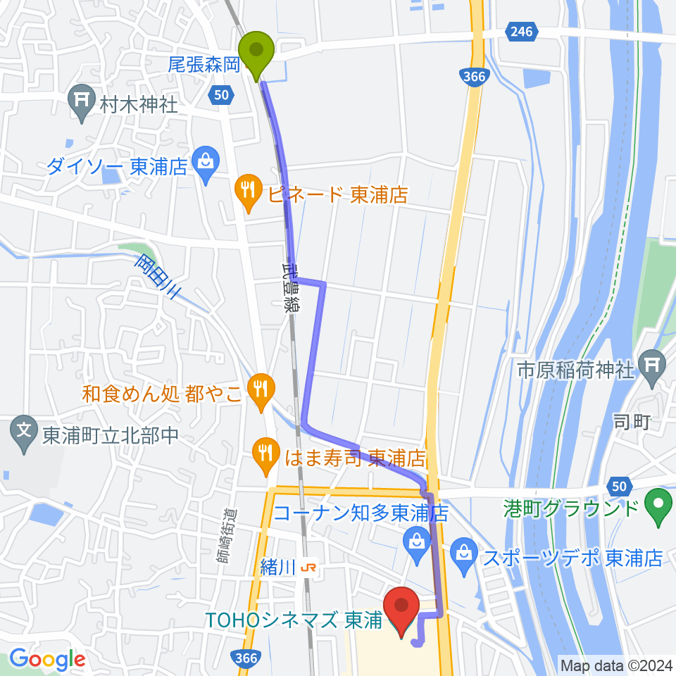 尾張森岡駅からTOHOシネマズ東浦へのルートマップ地図