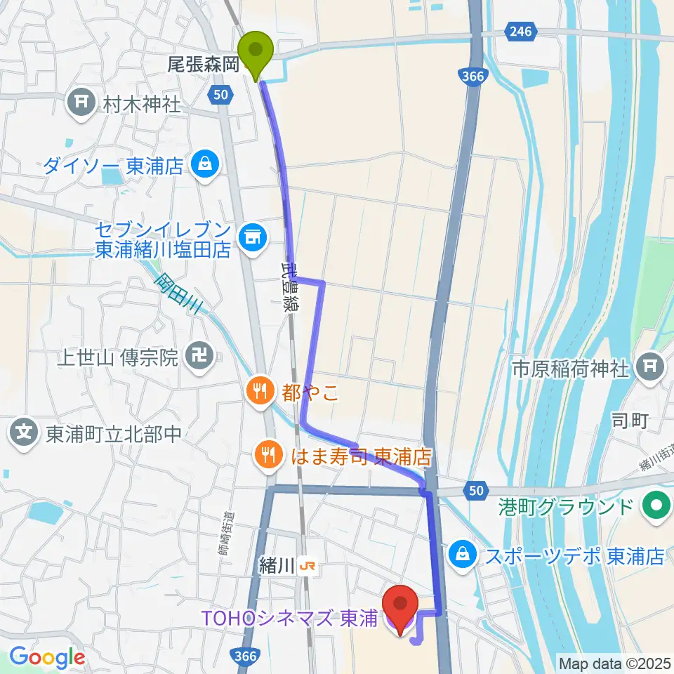 尾張森岡駅からTOHOシネマズ東浦へのルートマップ地図