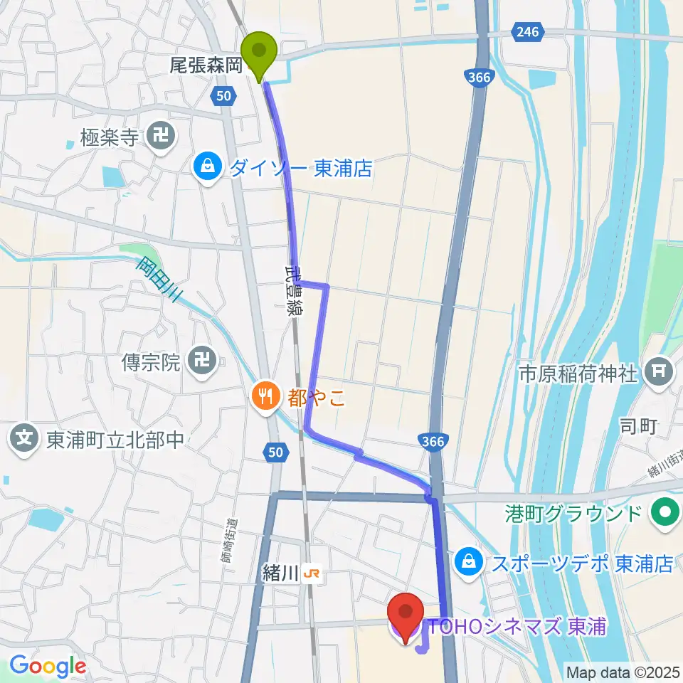 尾張森岡駅からTOHOシネマズ東浦へのルートマップ地図