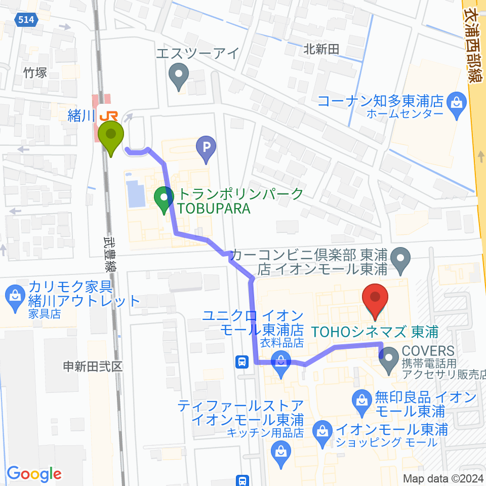 TOHOシネマズ東浦の最寄駅緒川駅からの徒歩ルート（約5分）地図