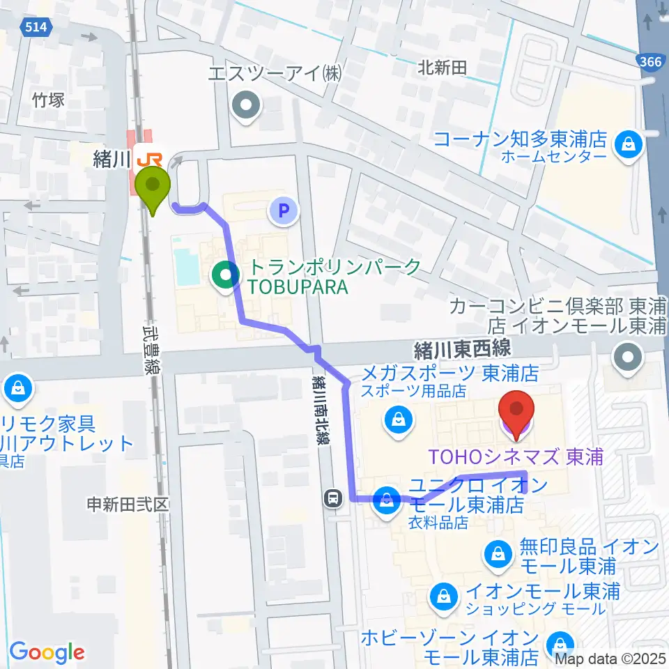 TOHOシネマズ東浦の最寄駅緒川駅からの徒歩ルート（約5分）地図