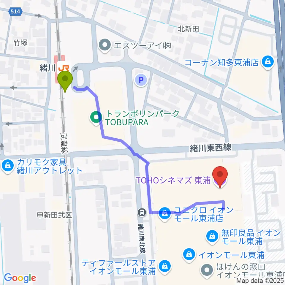 TOHOシネマズ東浦の最寄駅緒川駅からの徒歩ルート（約5分）地図