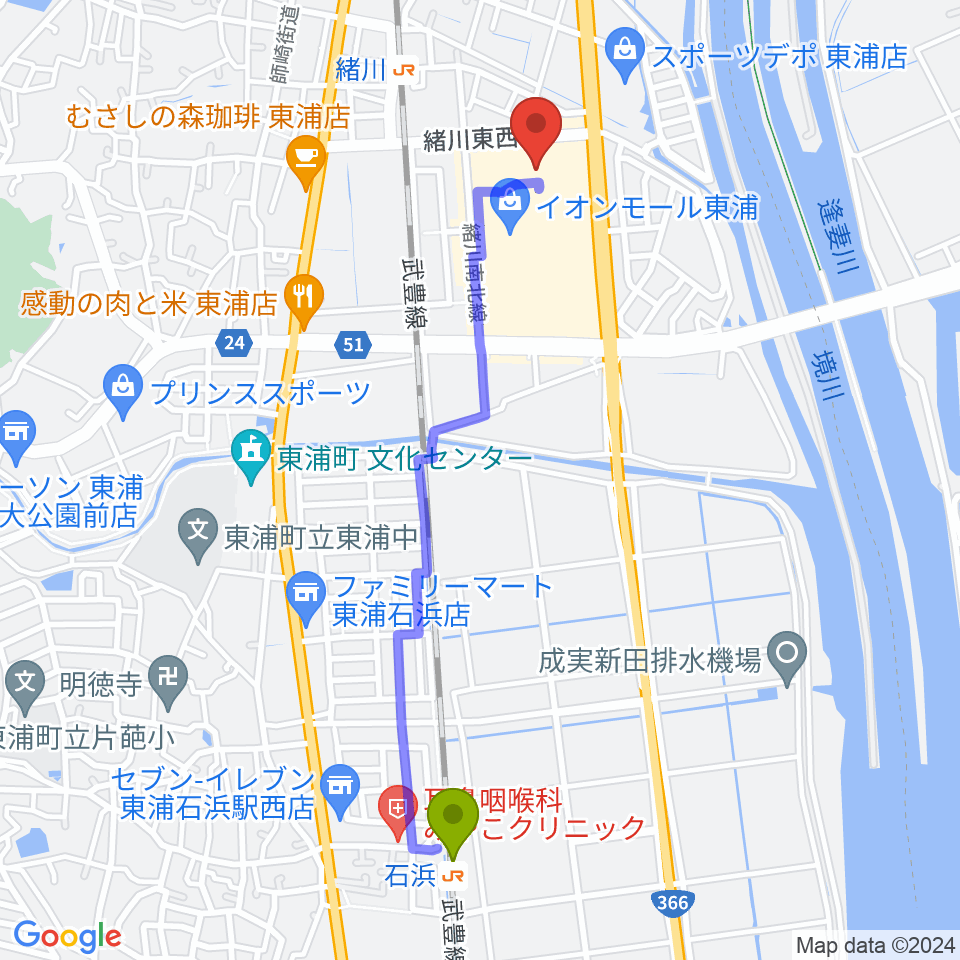 石浜駅からTOHOシネマズ東浦へのルートマップ地図