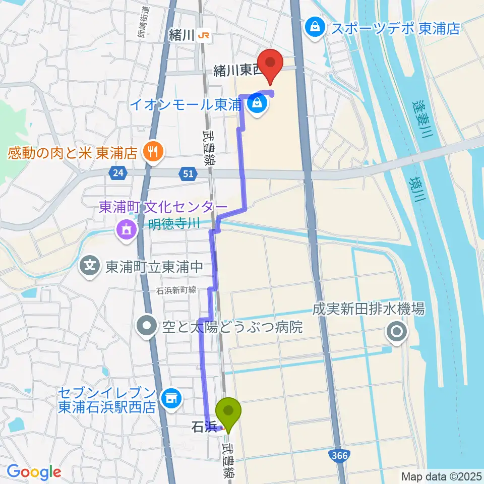 石浜駅からTOHOシネマズ東浦へのルートマップ地図