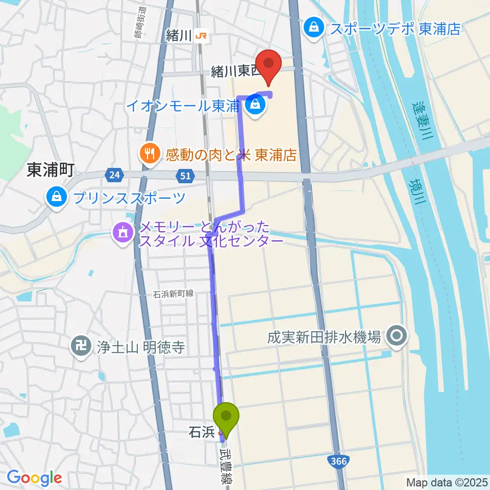 石浜駅からTOHOシネマズ東浦へのルートマップ地図