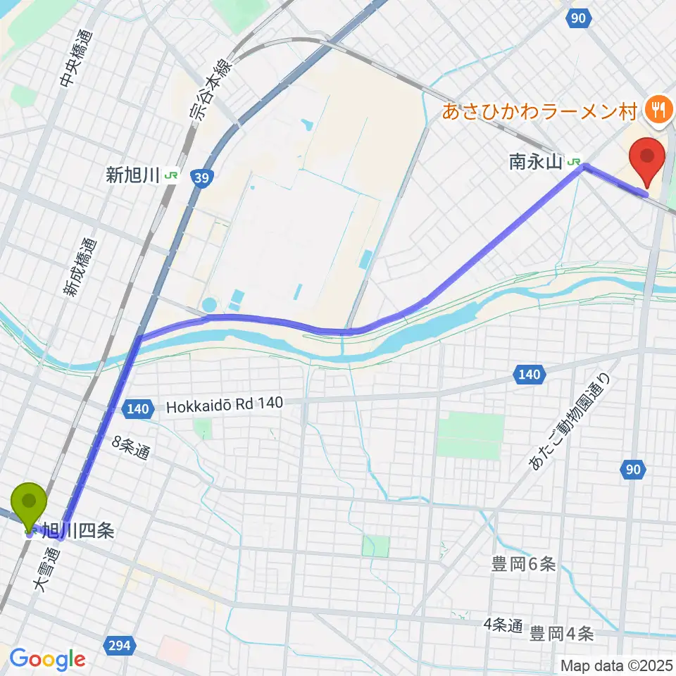 旭川四条駅からシネプレックス旭川へのルートマップ地図