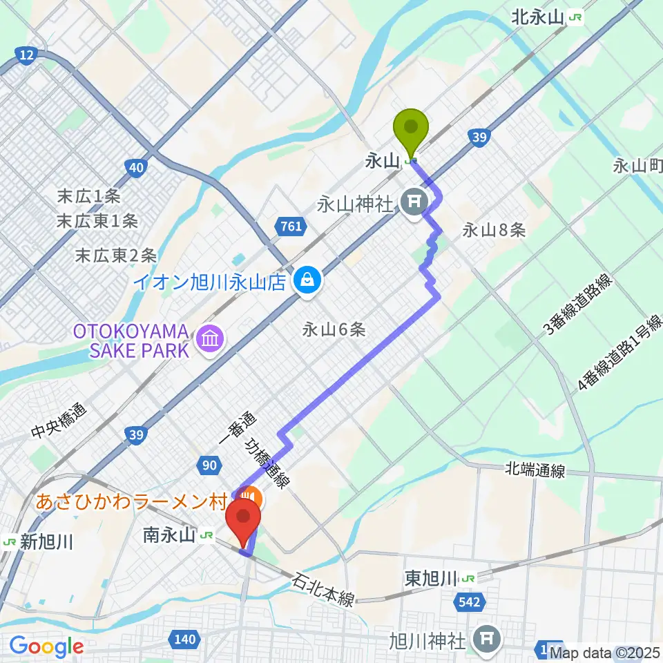 永山駅からシネプレックス旭川へのルートマップ地図