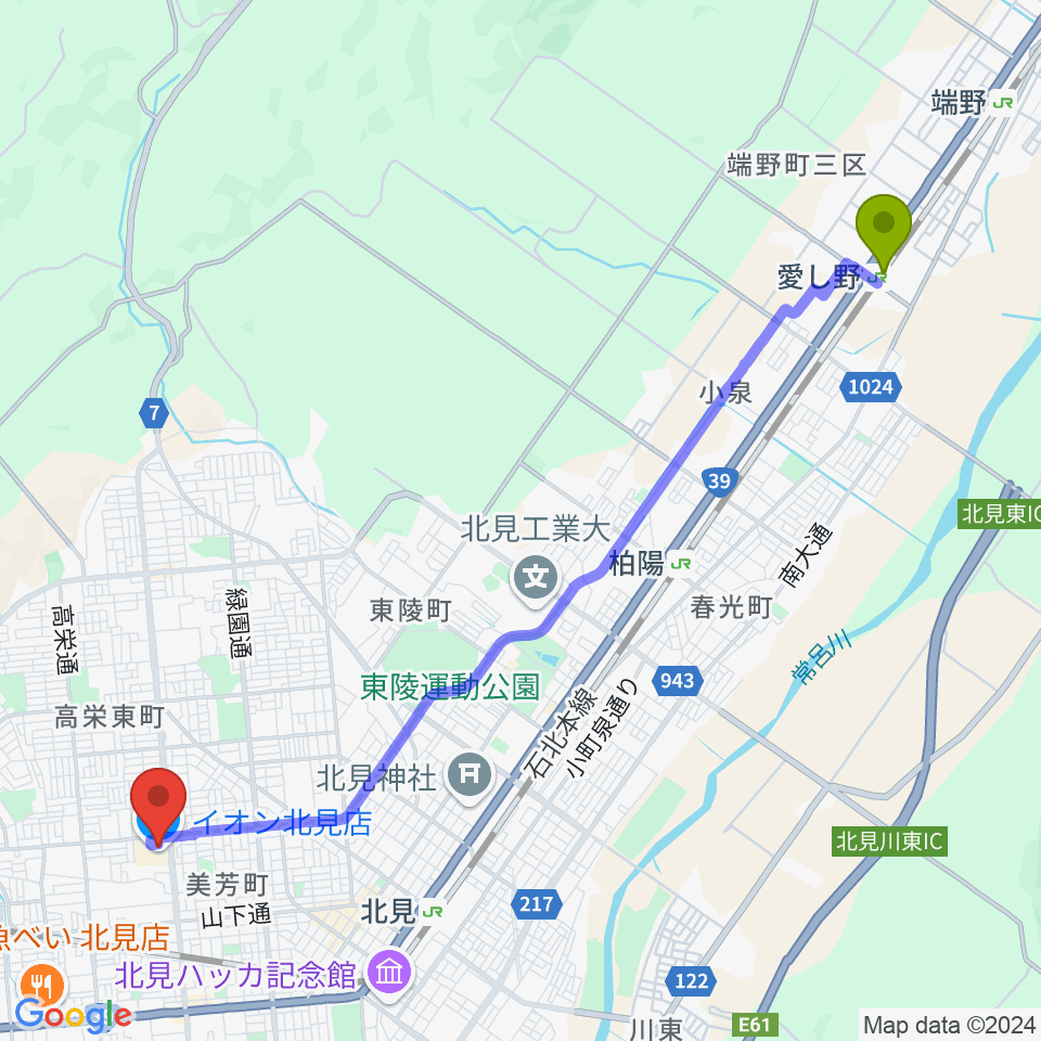 愛し野駅からイオンシネマ北見へのルートマップ Mdata