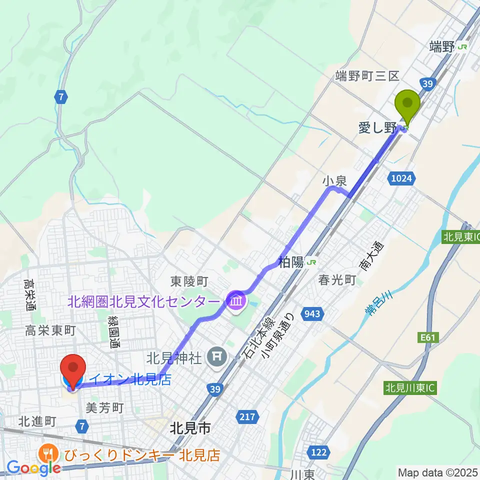 愛し野駅からイオンシネマ北見へのルートマップ地図