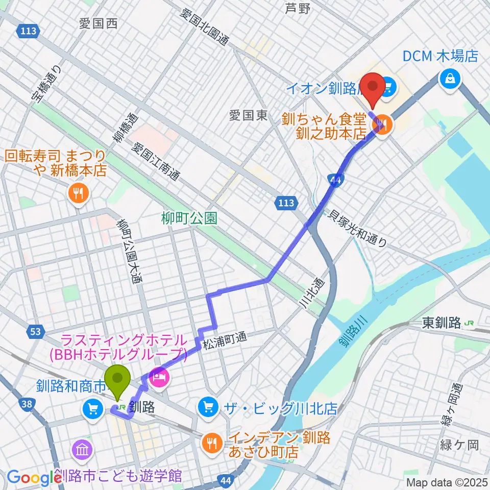 釧路駅からイオンシネマ釧路へのルートマップ地図