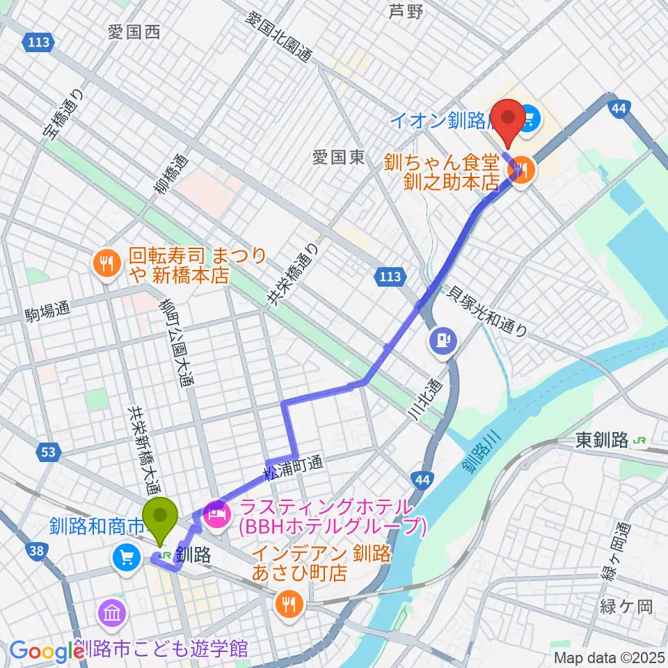 釧路駅からイオンシネマ釧路へのルートマップ地図