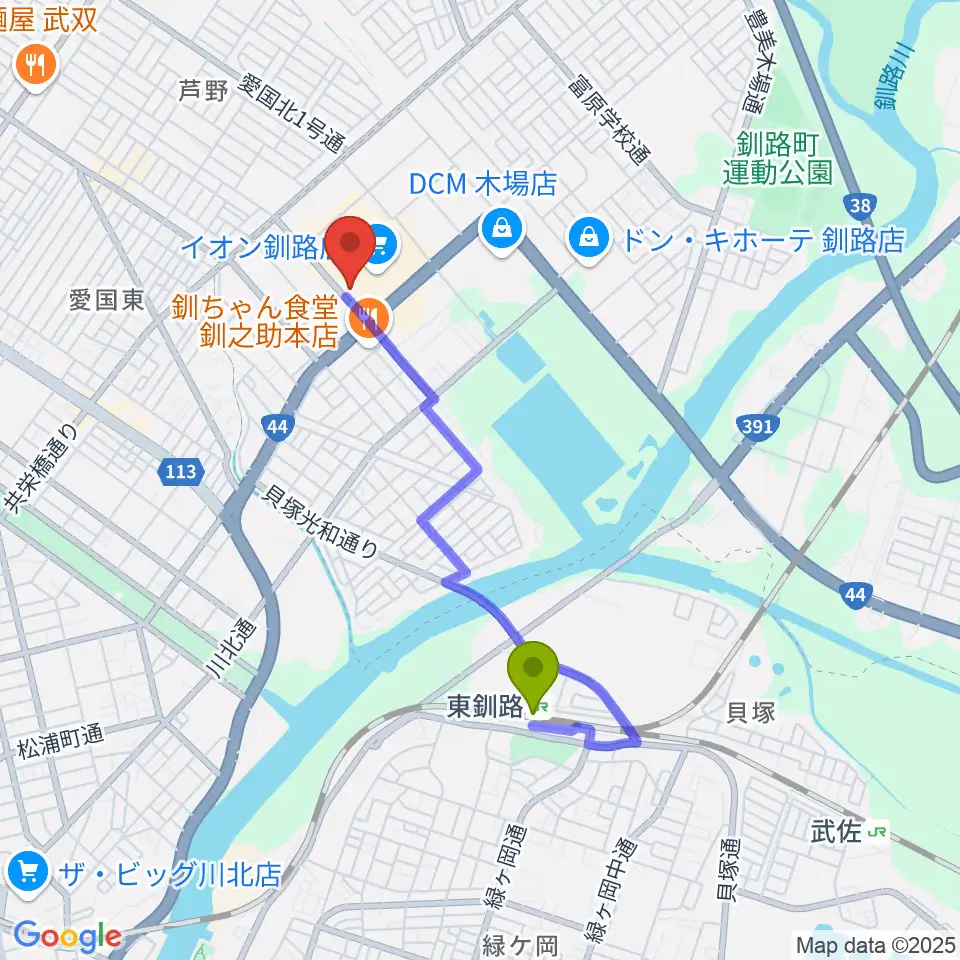 イオンシネマ釧路の最寄駅東釧路駅からの徒歩ルート（約27分）地図