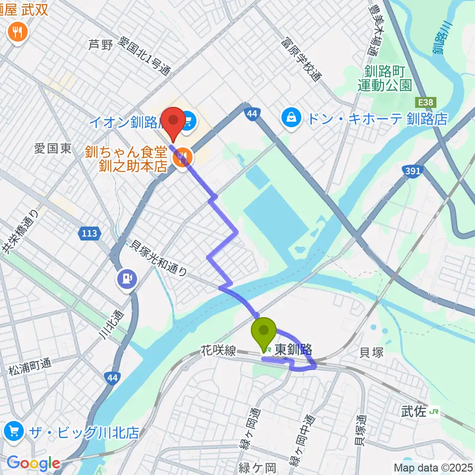 イオンシネマ釧路の最寄駅東釧路駅からの徒歩ルート（約27分）地図