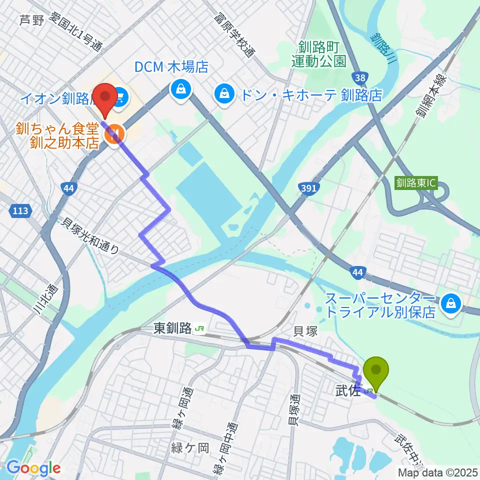 武佐駅からイオンシネマ釧路へのルートマップ地図