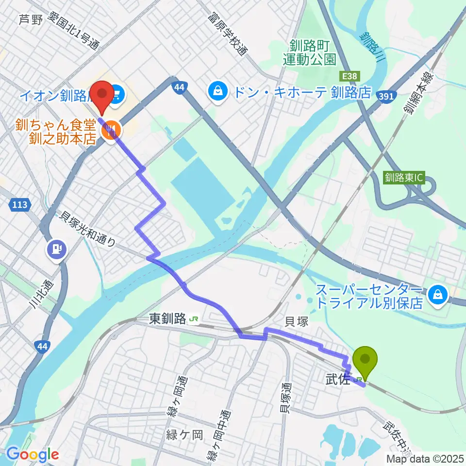 武佐駅からイオンシネマ釧路へのルートマップ地図