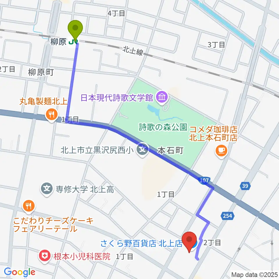 イオンシネマ北上の最寄駅柳原駅からの徒歩ルート（約13分）地図