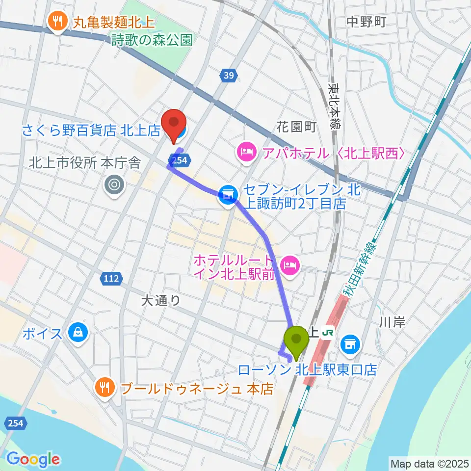 北上駅からイオンシネマ北上へのルートマップ地図