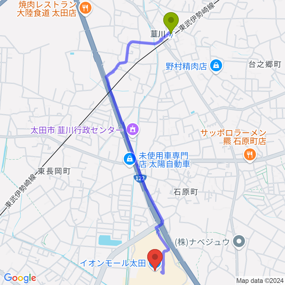 イオンシネマ太田の最寄駅韮川駅からの徒歩ルート（約26分）地図