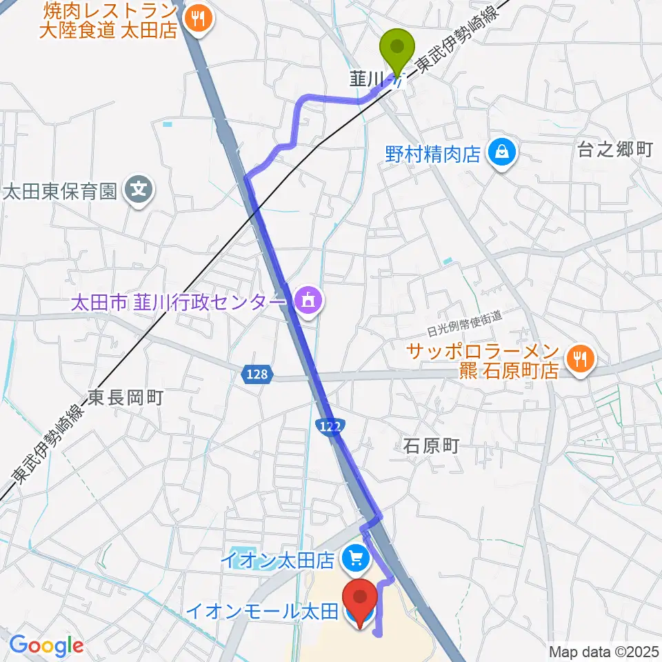 イオンシネマ太田の最寄駅韮川駅からの徒歩ルート（約26分）地図