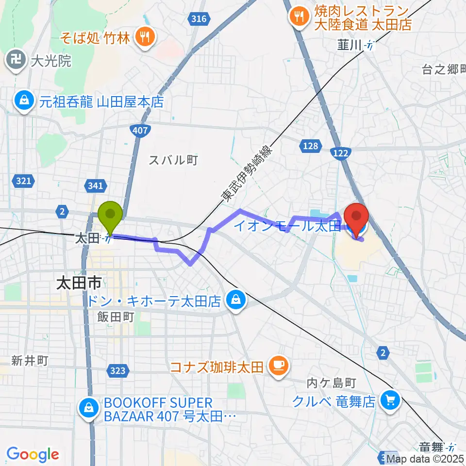 太田駅からイオンシネマ太田へのルートマップ地図