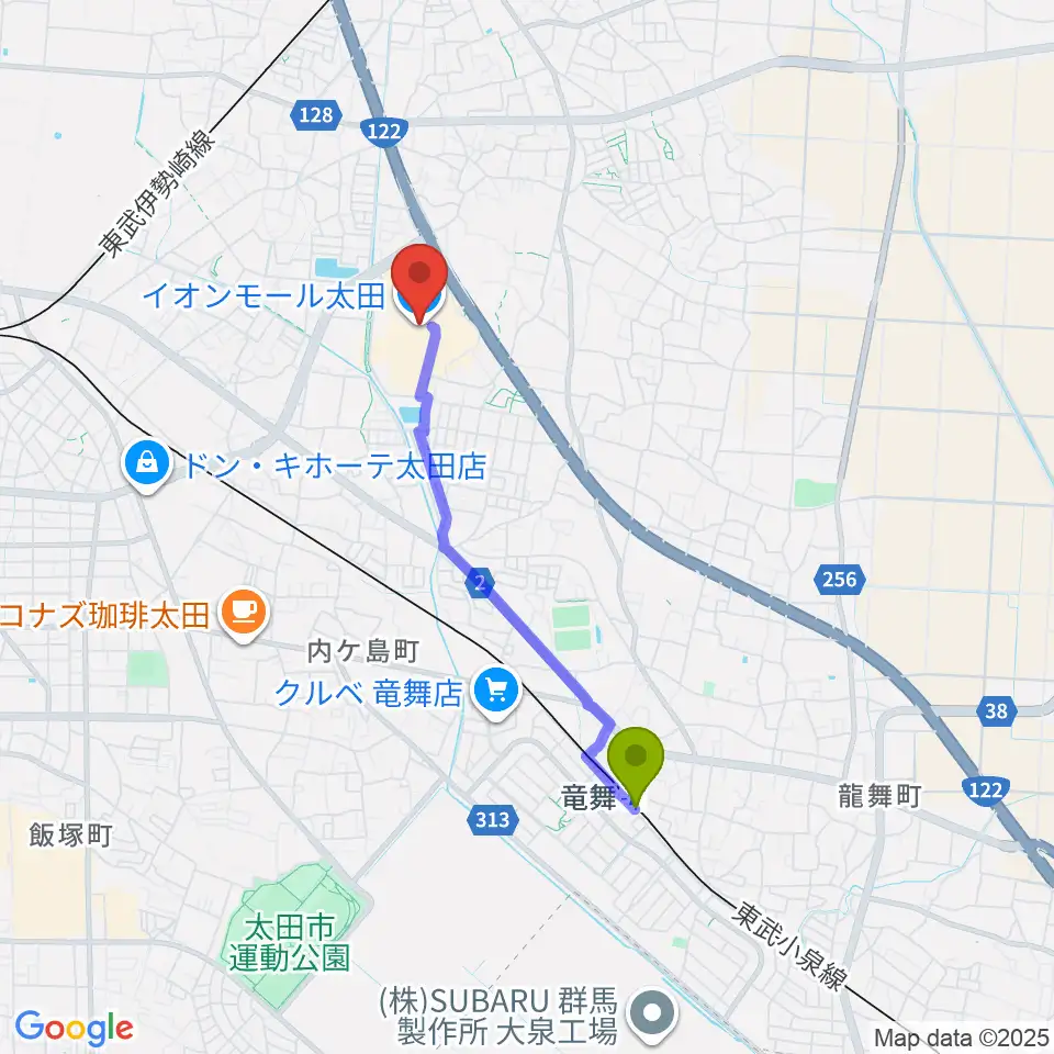 竜舞駅からイオンシネマ太田へのルートマップ地図