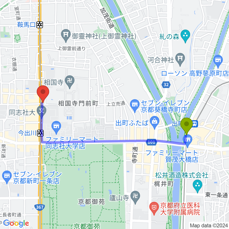 出町柳駅からスタジオブルへのルートマップ地図