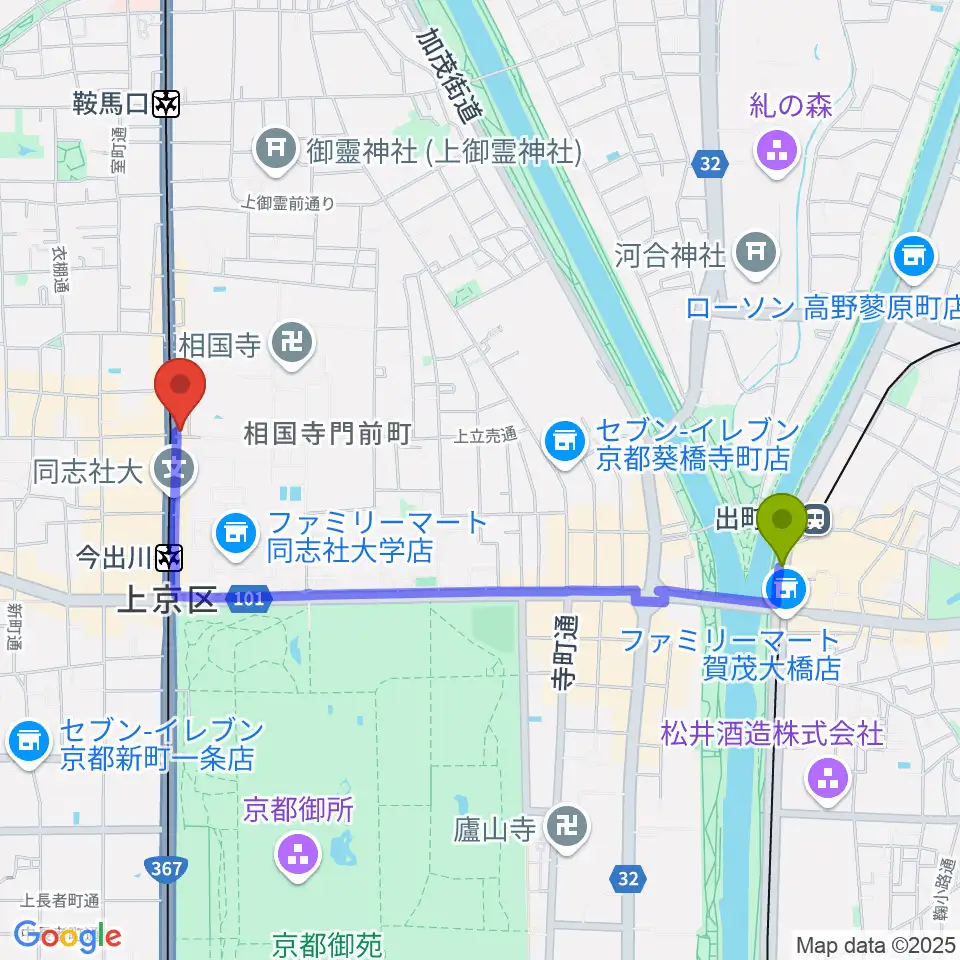 出町柳駅からスタジオブルへのルートマップ地図