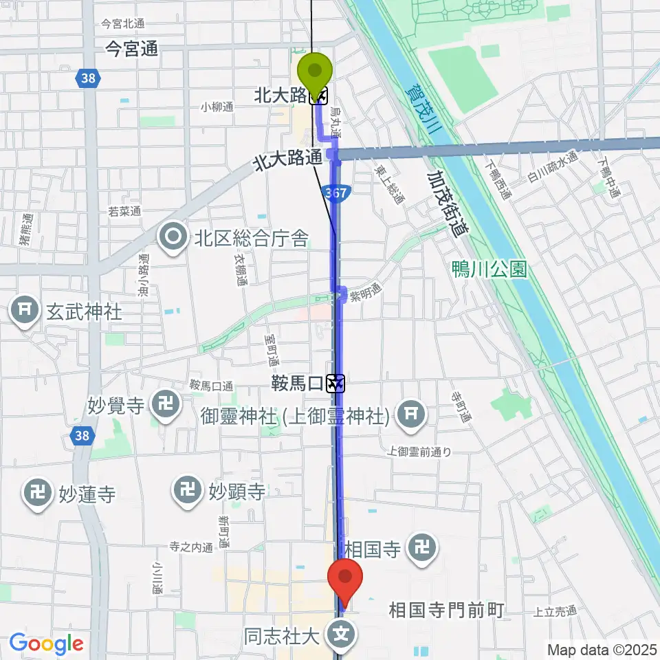 北大路駅からスタジオブルへのルートマップ地図