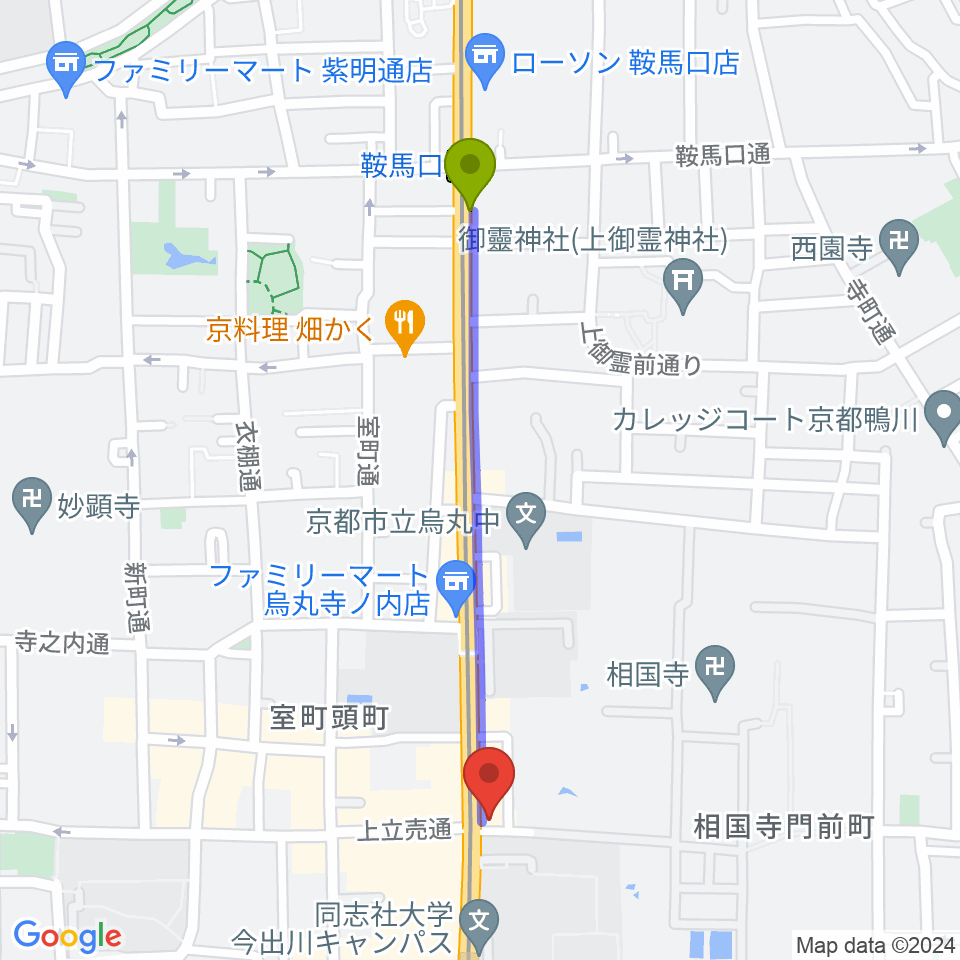 鞍馬口駅からスタジオブルへのルートマップ地図