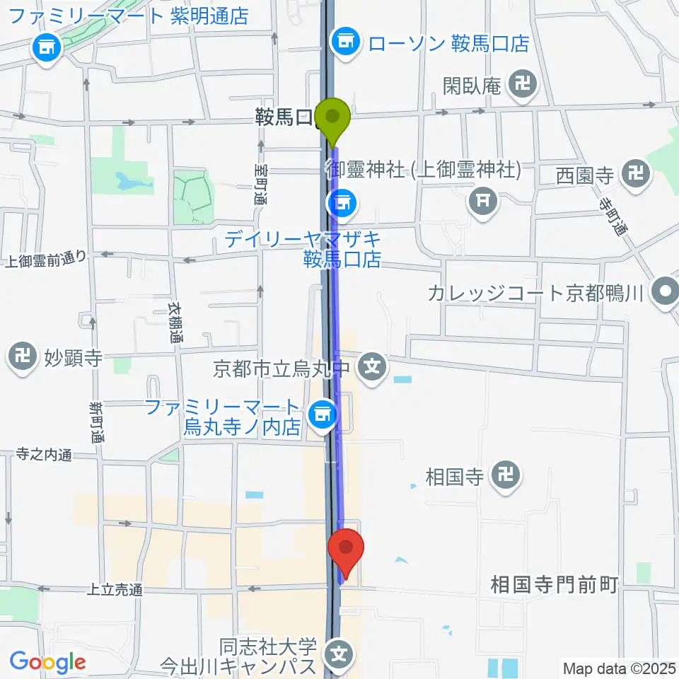 鞍馬口駅からスタジオブルへのルートマップ地図