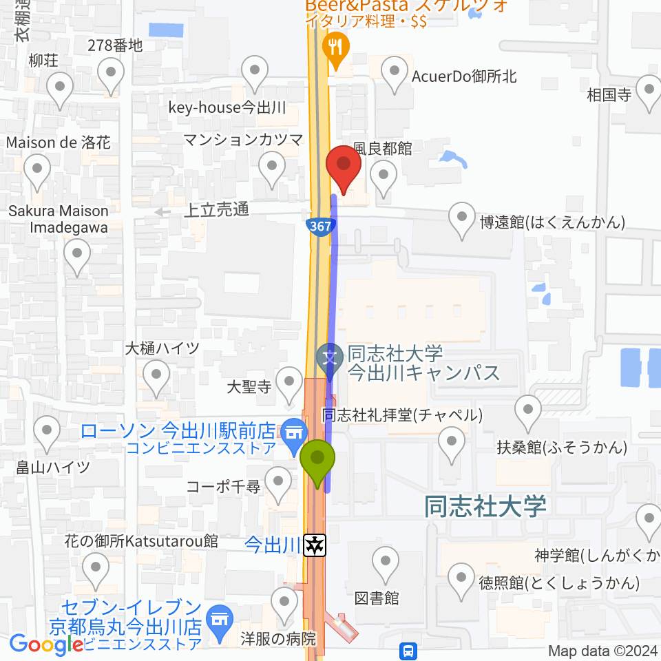 スタジオブルの最寄駅今出川駅からの徒歩ルート（約3分）地図