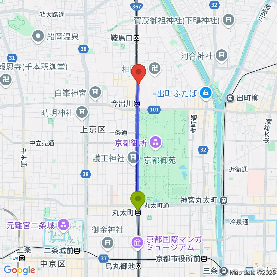 丸太町駅からスタジオブルへのルートマップ地図