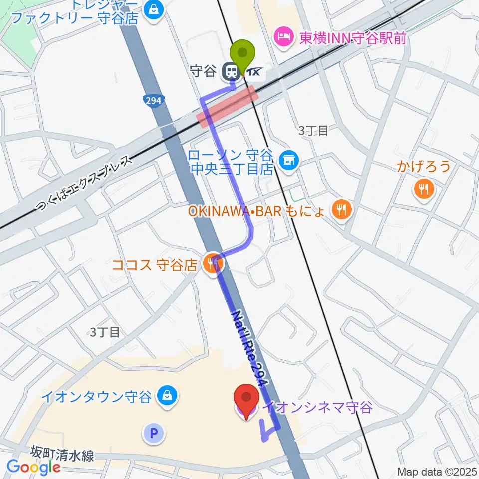 イオンシネマ守谷の最寄駅守谷駅からの徒歩ルート（約11分）地図