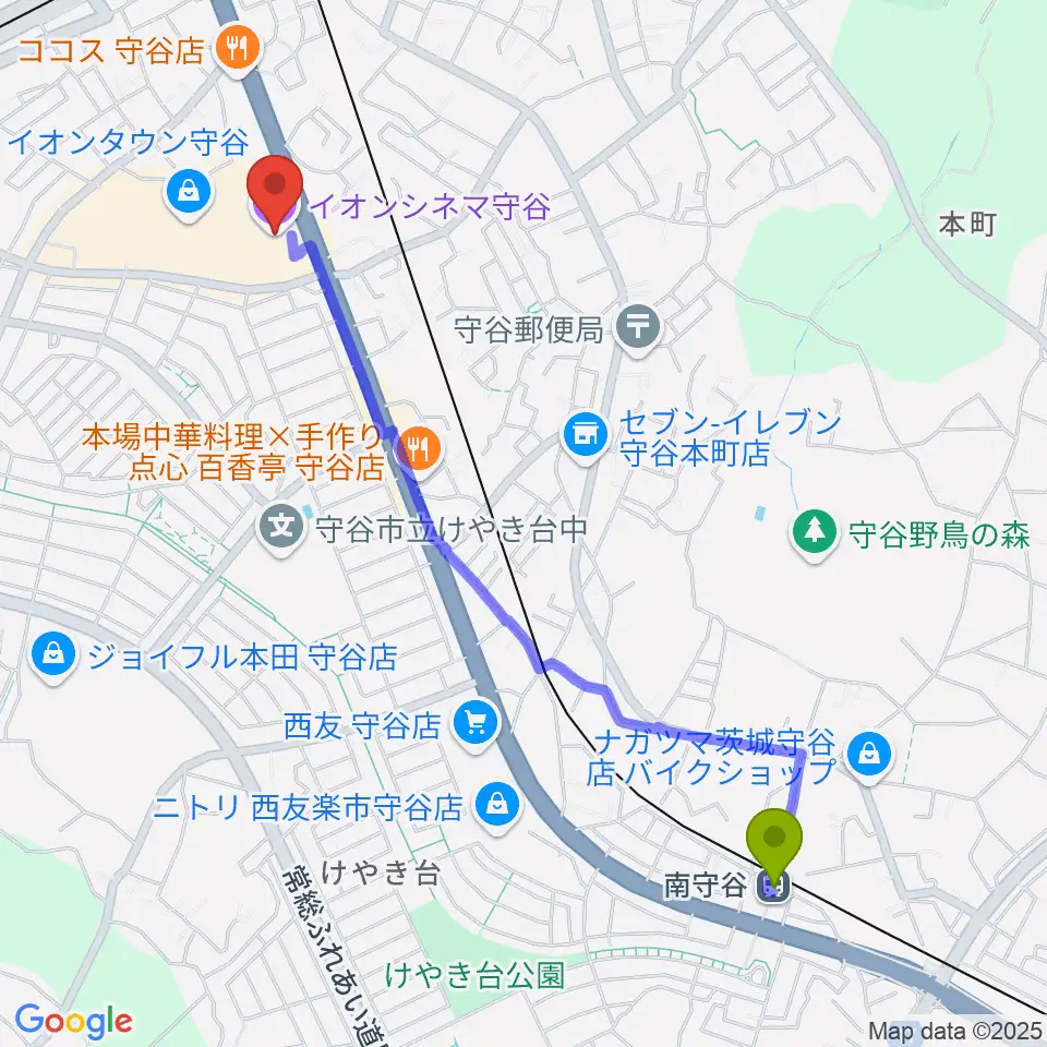 南守谷駅からイオンシネマ守谷へのルートマップ地図