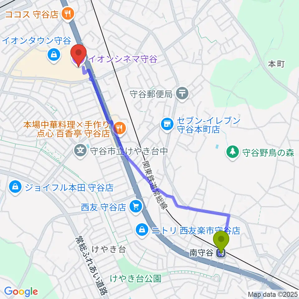 南守谷駅からイオンシネマ守谷へのルートマップ地図