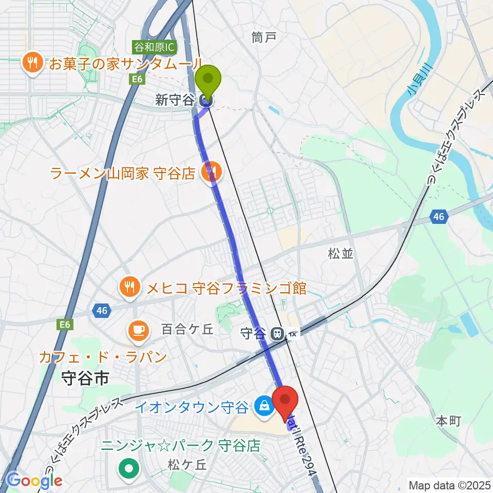 新守谷駅からイオンシネマ守谷へのルートマップ地図