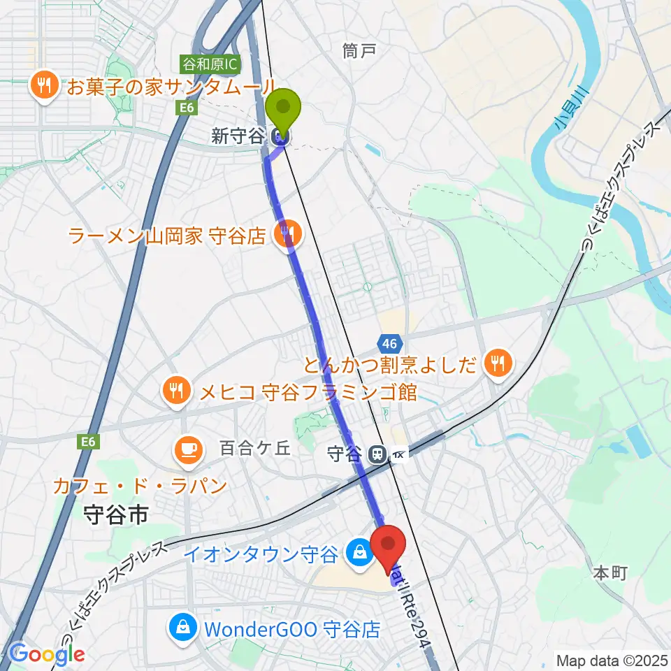 新守谷駅からイオンシネマ守谷へのルートマップ地図